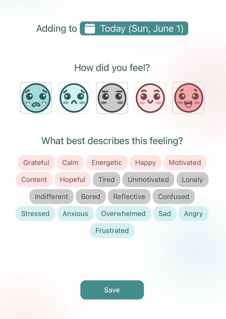 Wisp mood tracker entry view for logging and describing emotions